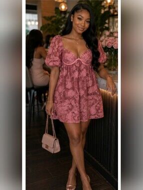Seni & Cade Rose Lace Puff-Sleeve Mini Dress